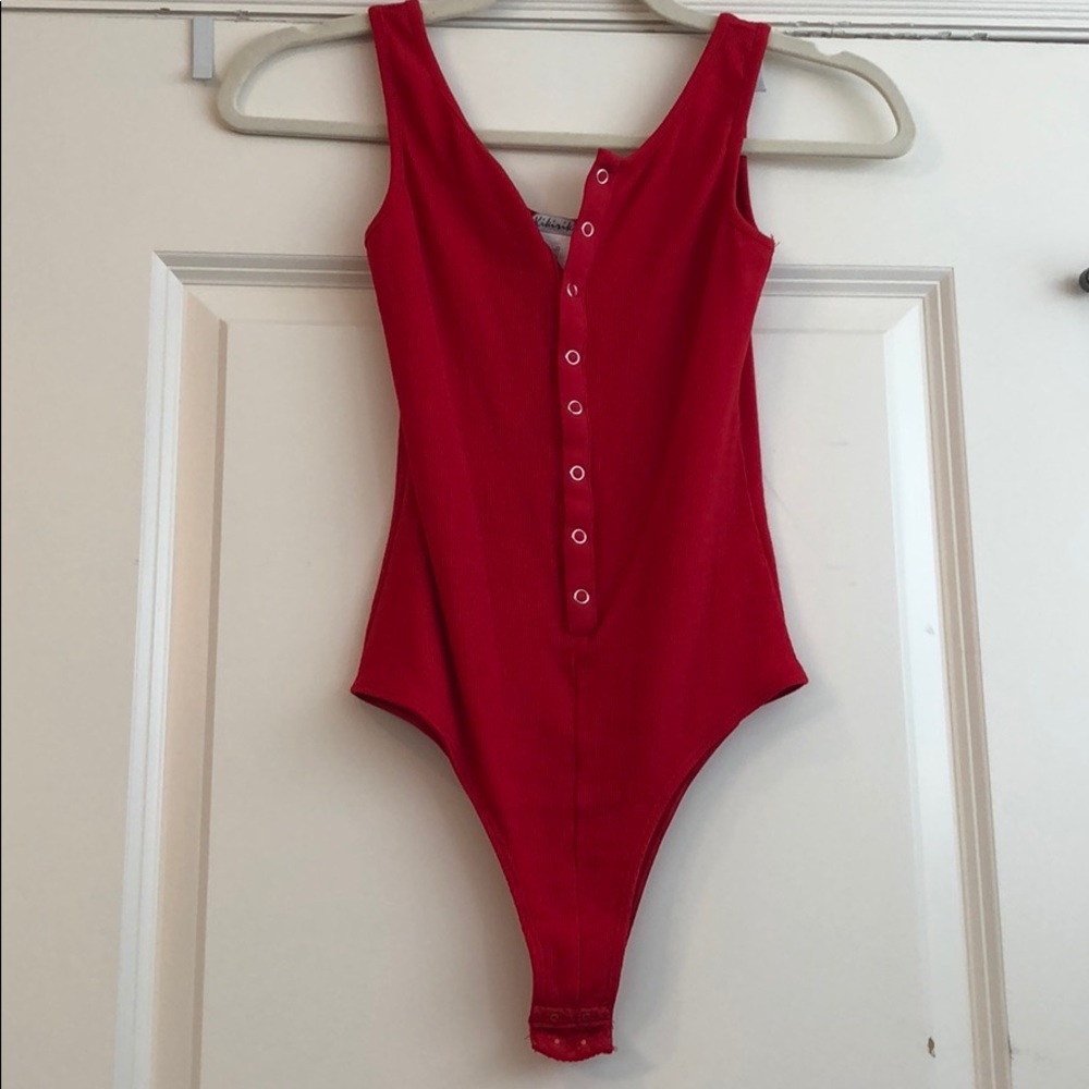 Red ribbed button up bodysuit